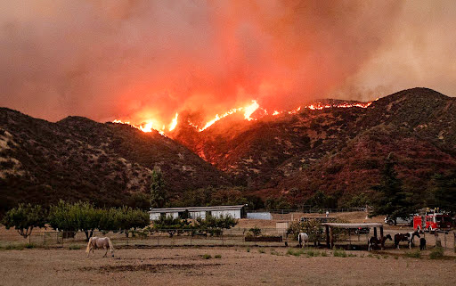 Wildfire in hills above a farm