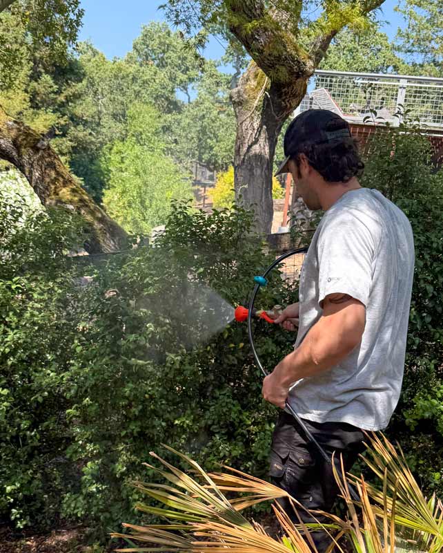 Man safe guarding a home from wildfire with a natural non toxic plant spray